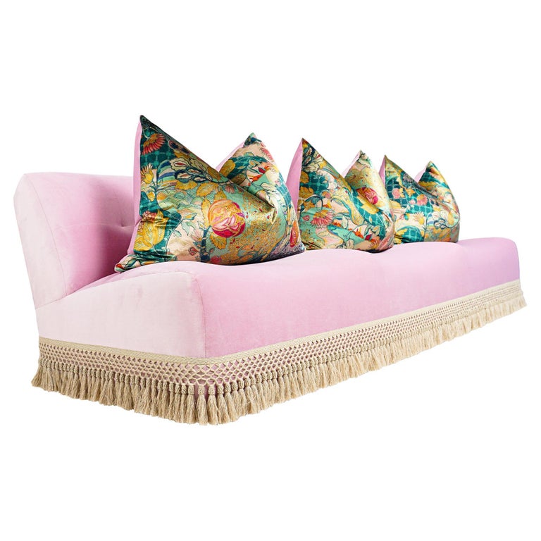 Large Scalloped Sofa in Pink Velvet, Customizable For Sale at