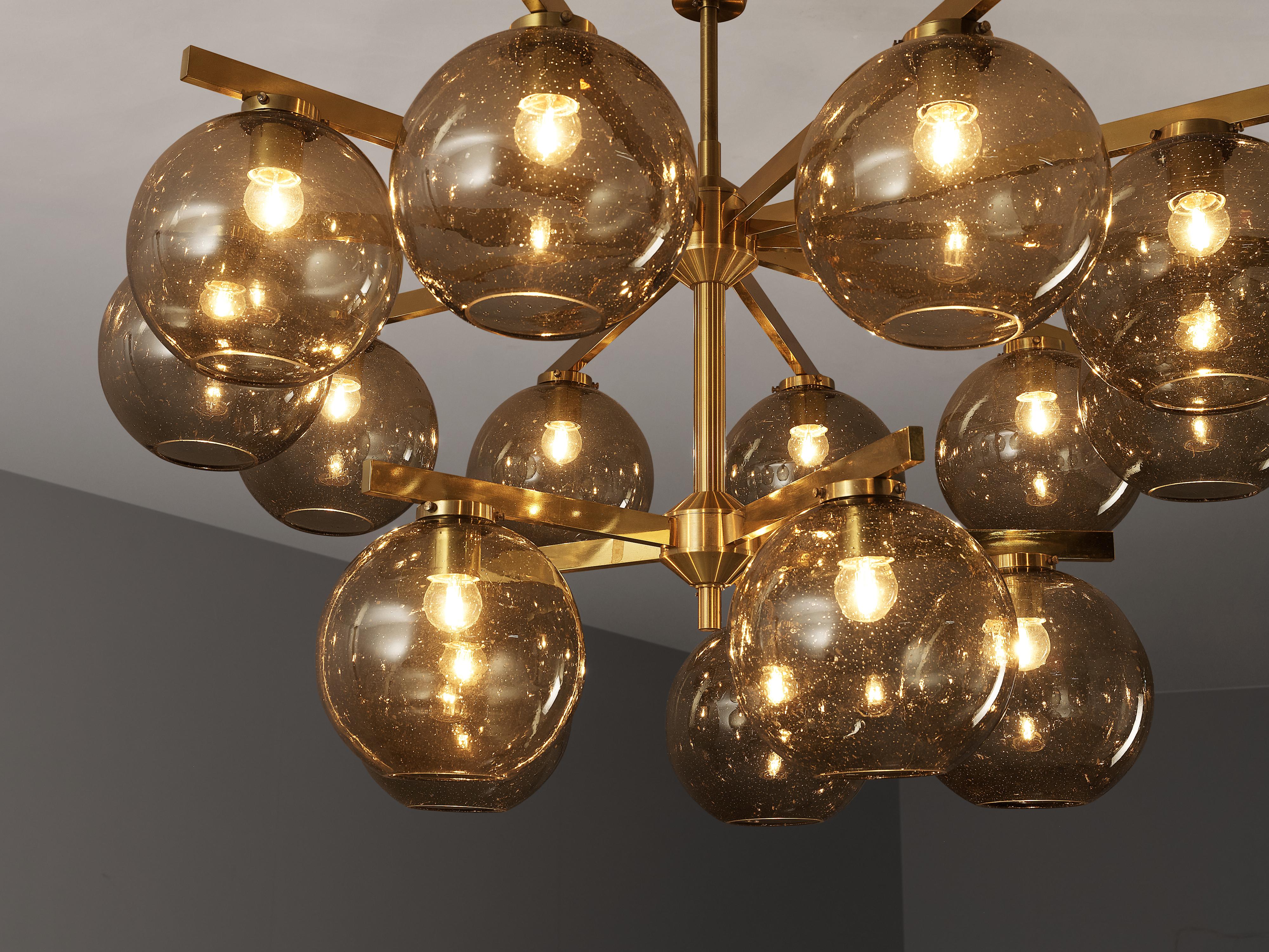 Scandinavian Modern Large Scandinavian Chandelier in Brass with Fifteen Glass Spheres