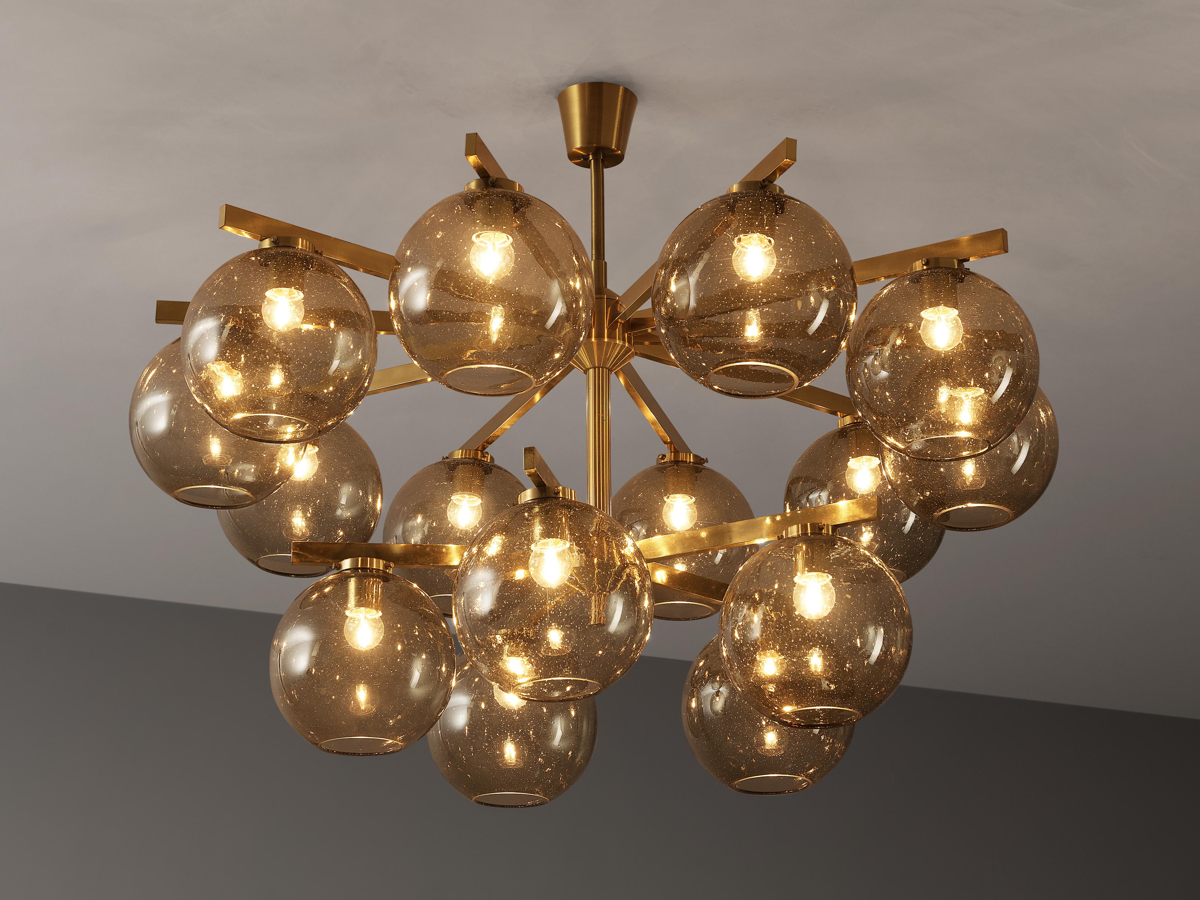 Large Scandinavian Chandelier in Brass with Fifteen Glass Spheres 1