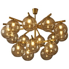 Large Scandinavian Chandelier in Brass with Fifteen Glass Spheres
