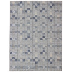 Large Scandinavian Flat-Weave Design Rug with Shades of Blue and Gray