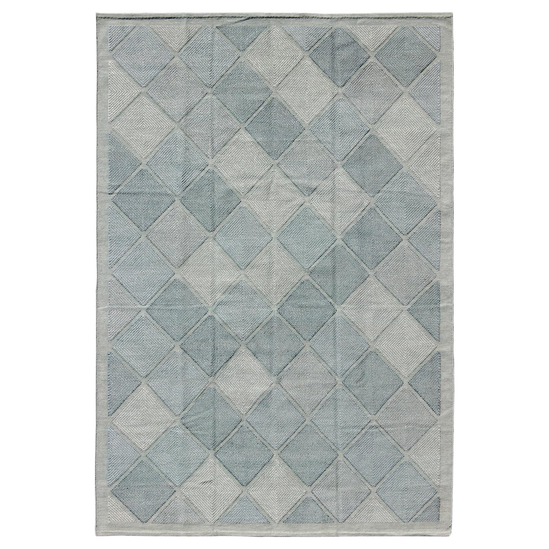 Large Scandinavian Inspired Design Rug in Blue, Tan and Gray Colors