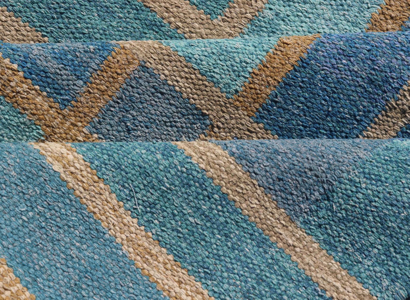 Large Scandinavian Inspired Design Rug in Blue, Teal, Green, and Gold 2