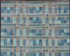 Large Scandinavian Inspired Design Rug in Blue, Teal, Green, and Gold