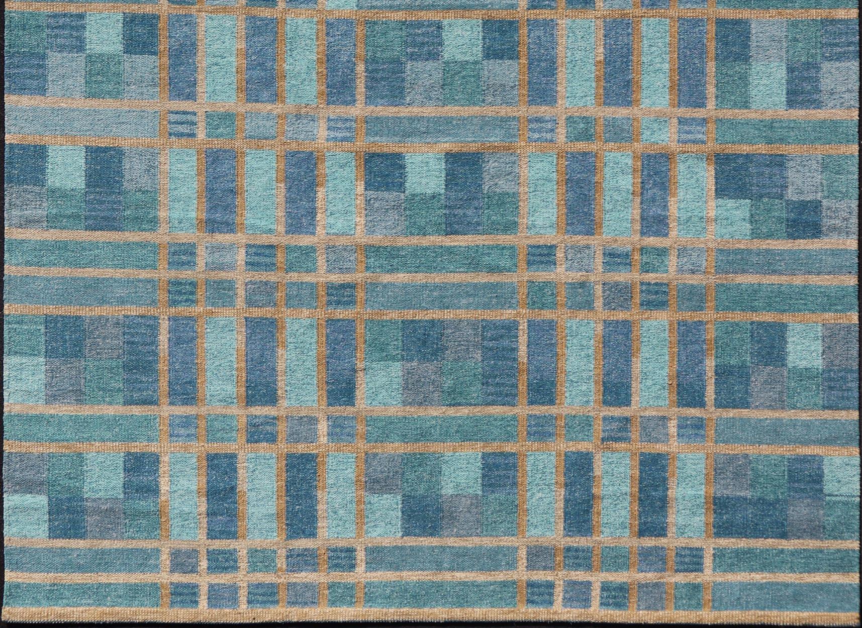 Indian Large Scandinavian Inspired Design Rug in Blue, Teal, Green, and Gold