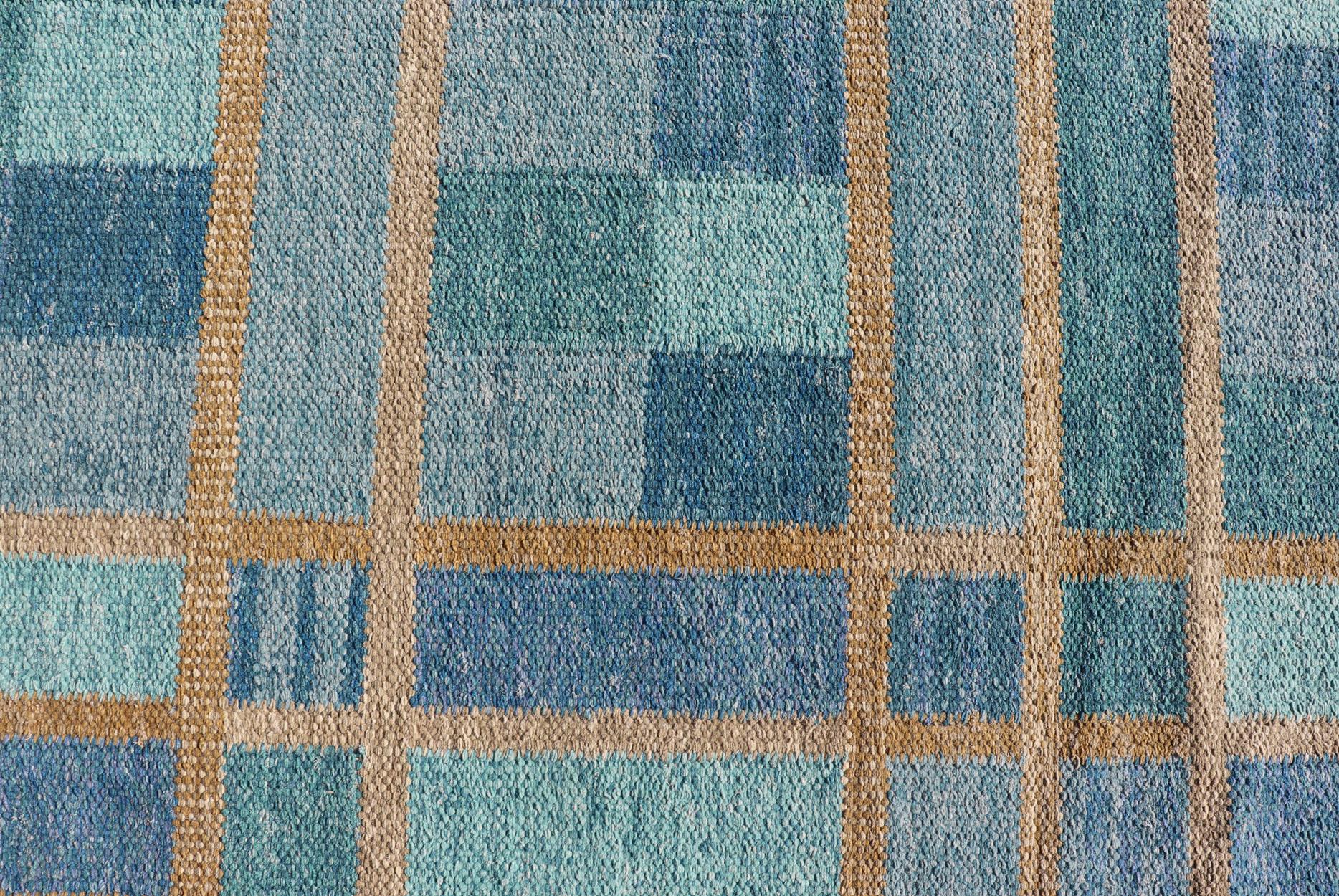 Hand-Woven Large Scandinavian Inspired Design Rug in Blue, Teal, Green, and Gold