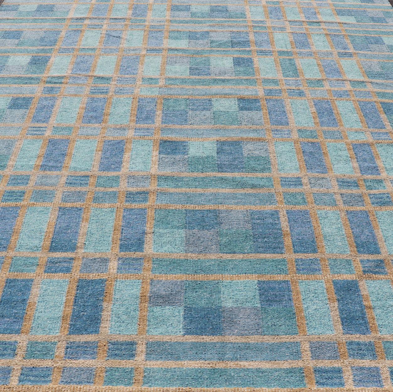 Large Scandinavian Inspired Design Rug in Blue, Teal, Green, and Gold In New Condition In Atlanta, GA