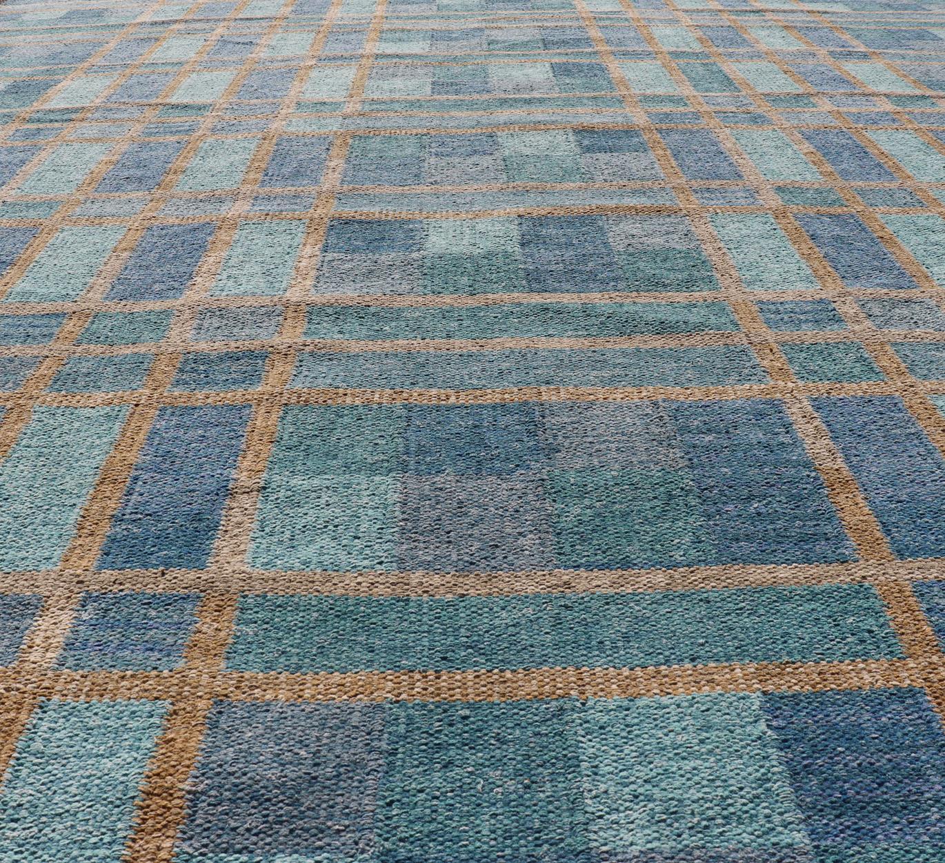 Contemporary Large Scandinavian Inspired Design Rug in Blue, Teal, Green, and Gold