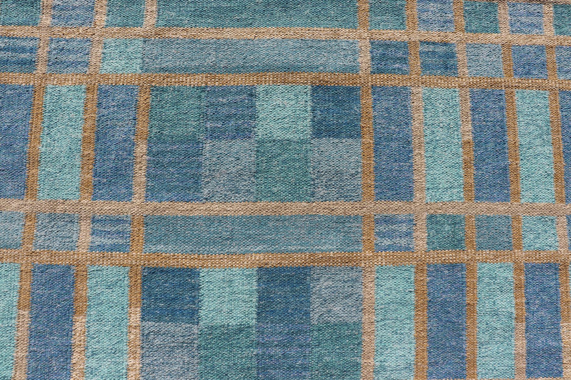 Wool Large Scandinavian Inspired Design Rug in Blue, Teal, Green, and Gold