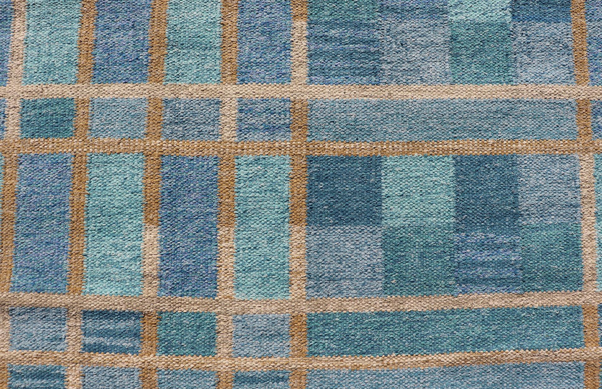 Large Scandinavian Inspired Design Rug in Blue, Teal, Green, and Gold 1