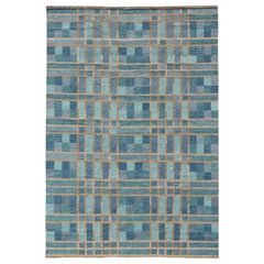 Large Scandinavian Inspired Design Rug in Blue, Teal, Green, and Gold