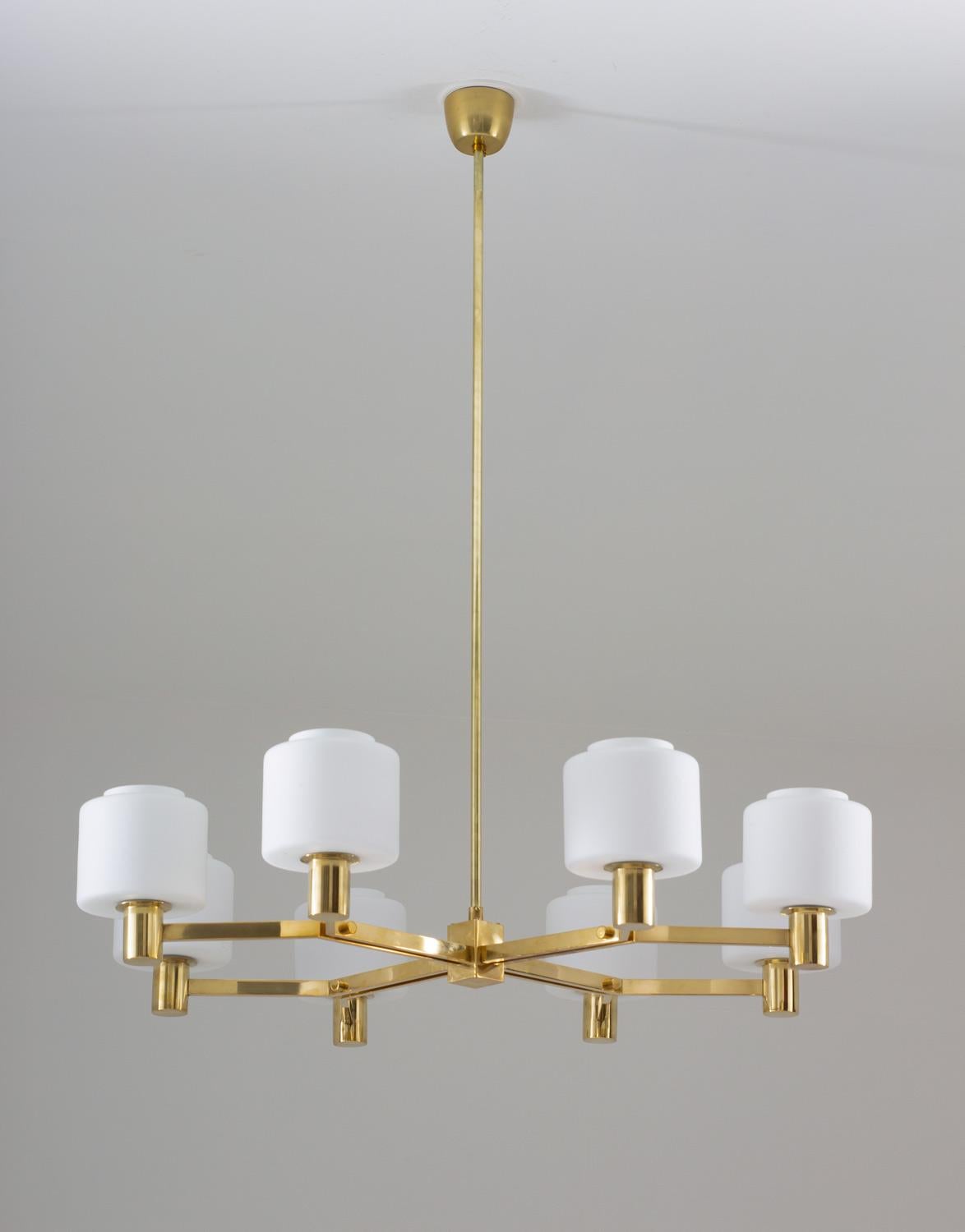 Scandinavian Modern Large Scandinavian Midcentury Chandeliers in Brass and Glass For Sale