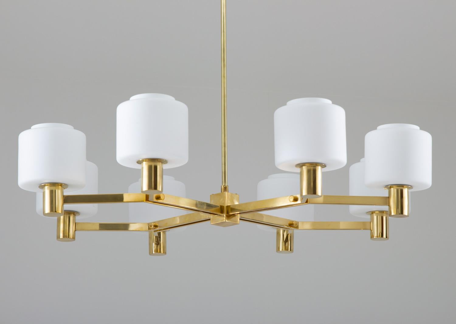 Swedish Large Scandinavian Midcentury Chandeliers in Brass and Glass For Sale