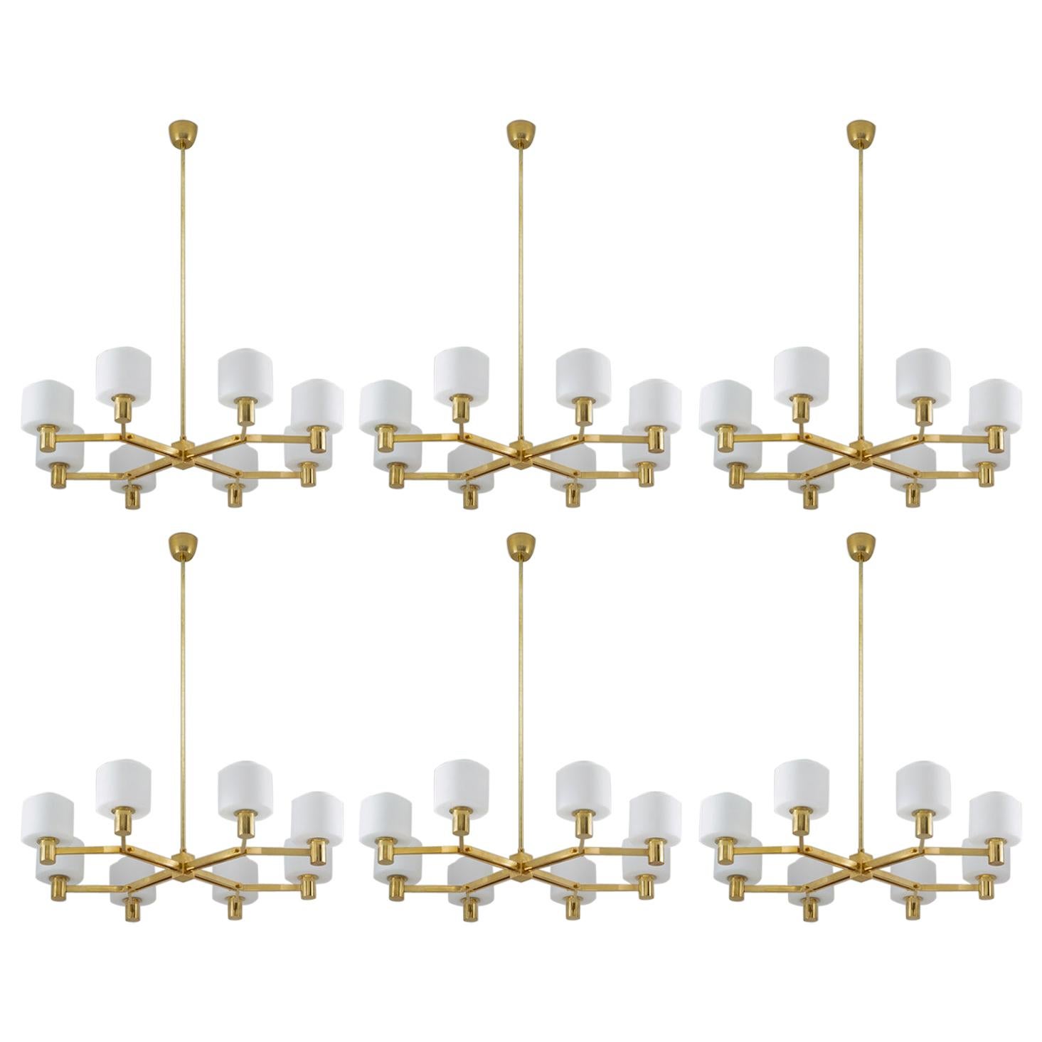 Large Scandinavian Midcentury Chandeliers in Brass and Glass For Sale