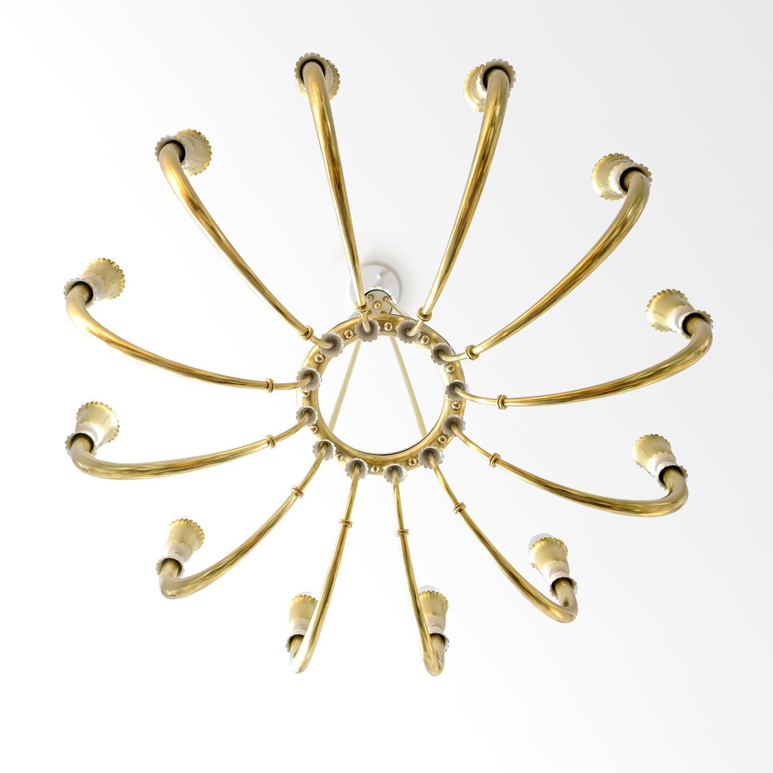 Lacquered Large Scandinavian Modern 12-Arm Polished Brass Chandelier For Sale