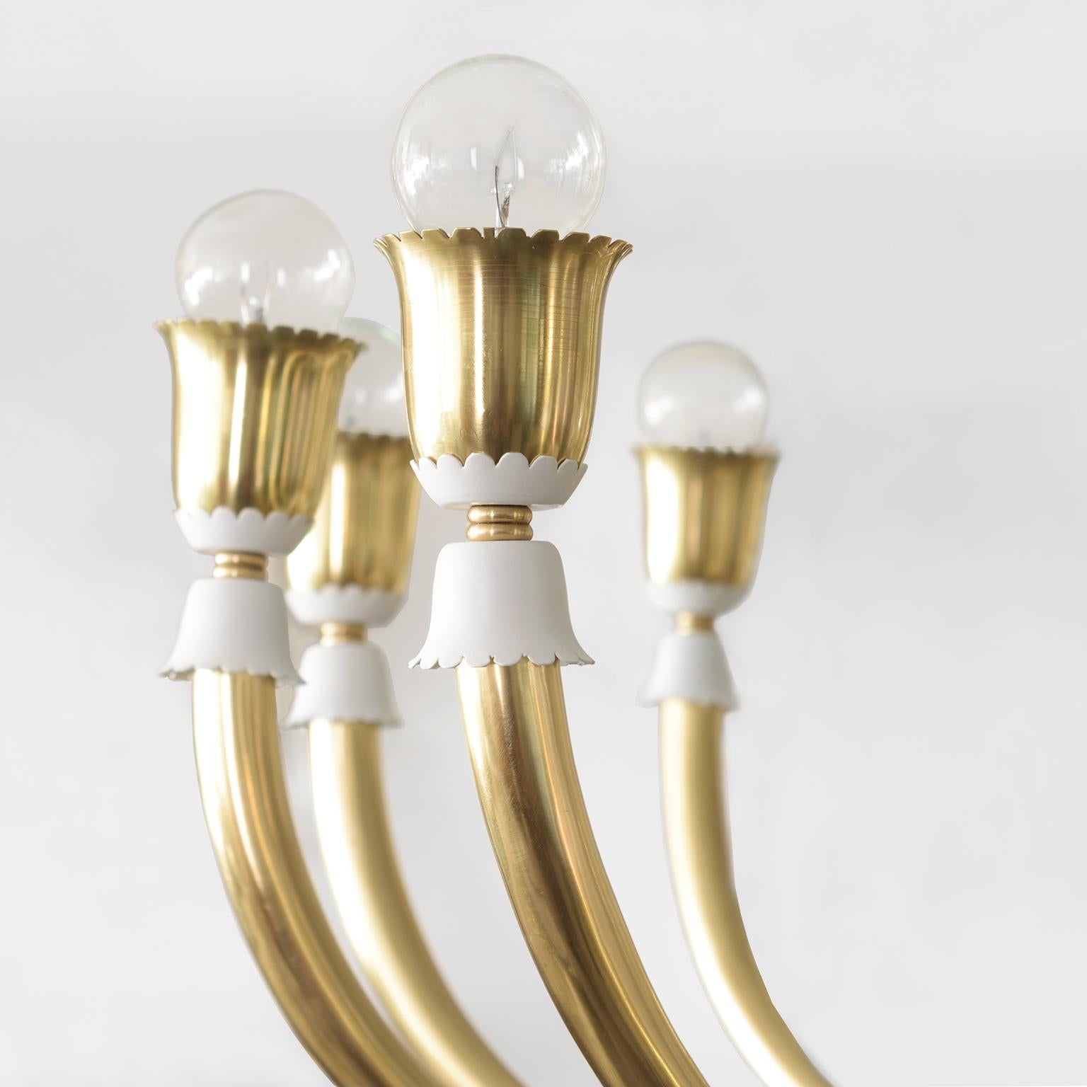 20th Century Large Scandinavian Modern 12-Arm Polished Brass Chandelier For Sale