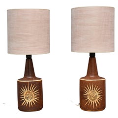 Large pair Scandinavian modern brown beige ceramic glazed table lamps by Soholm