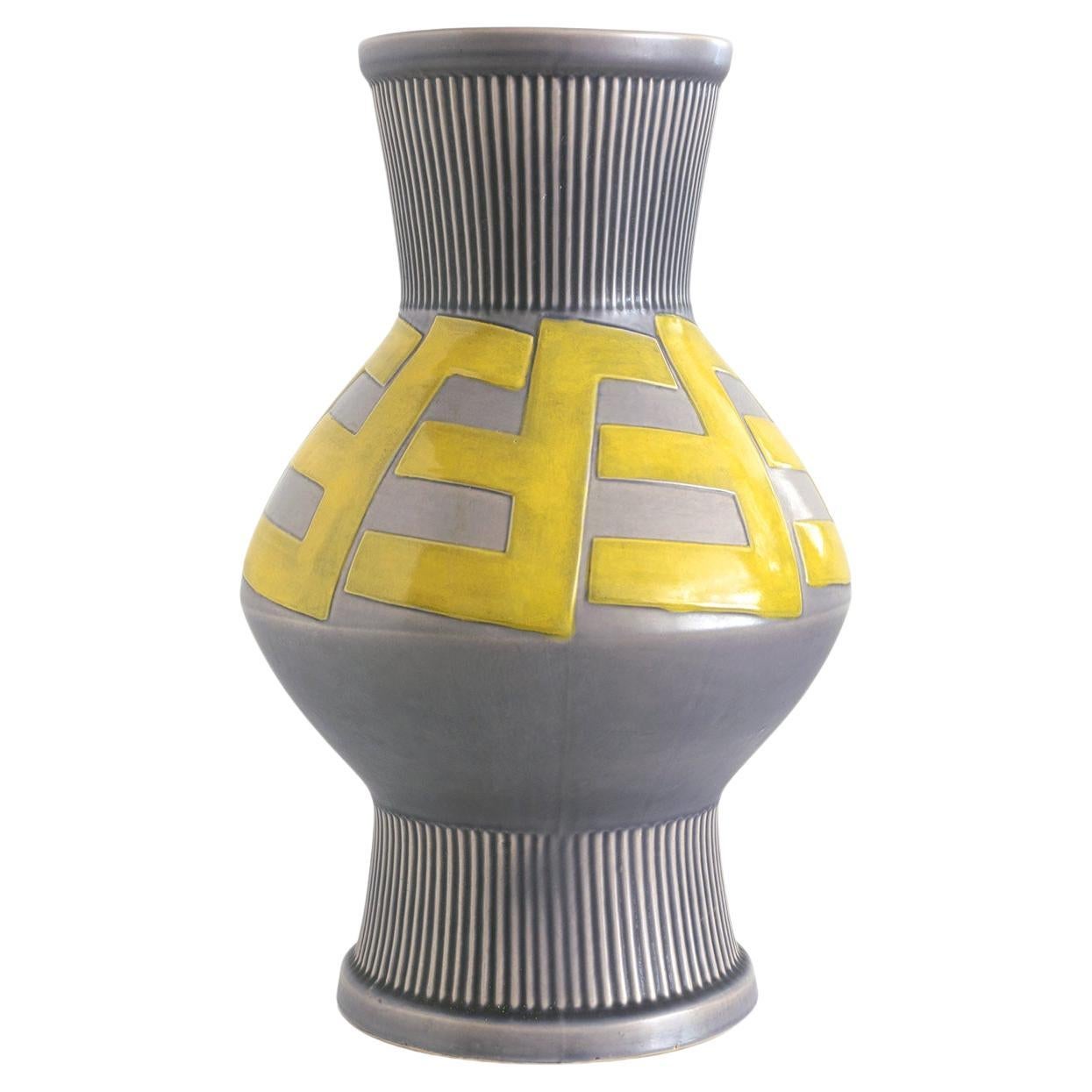 Large Scandinavian Modern Ceramic Vase, Bold Pattern by Ewald Dahlskog Bo Fajans