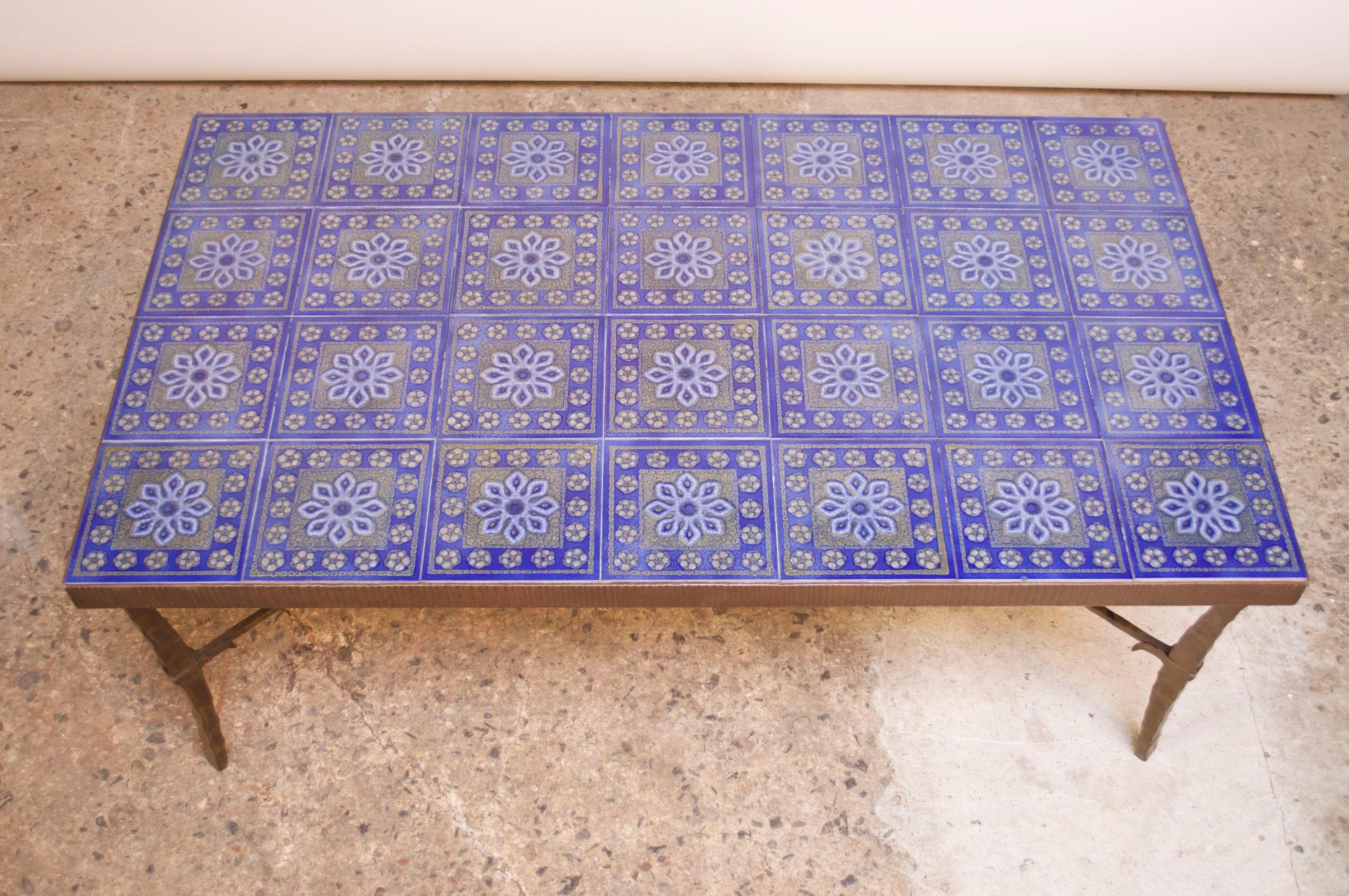 Mid-Century Modern Large Scandinavian Modern Forged Bronze and Ceramic Tile Coffee Table
