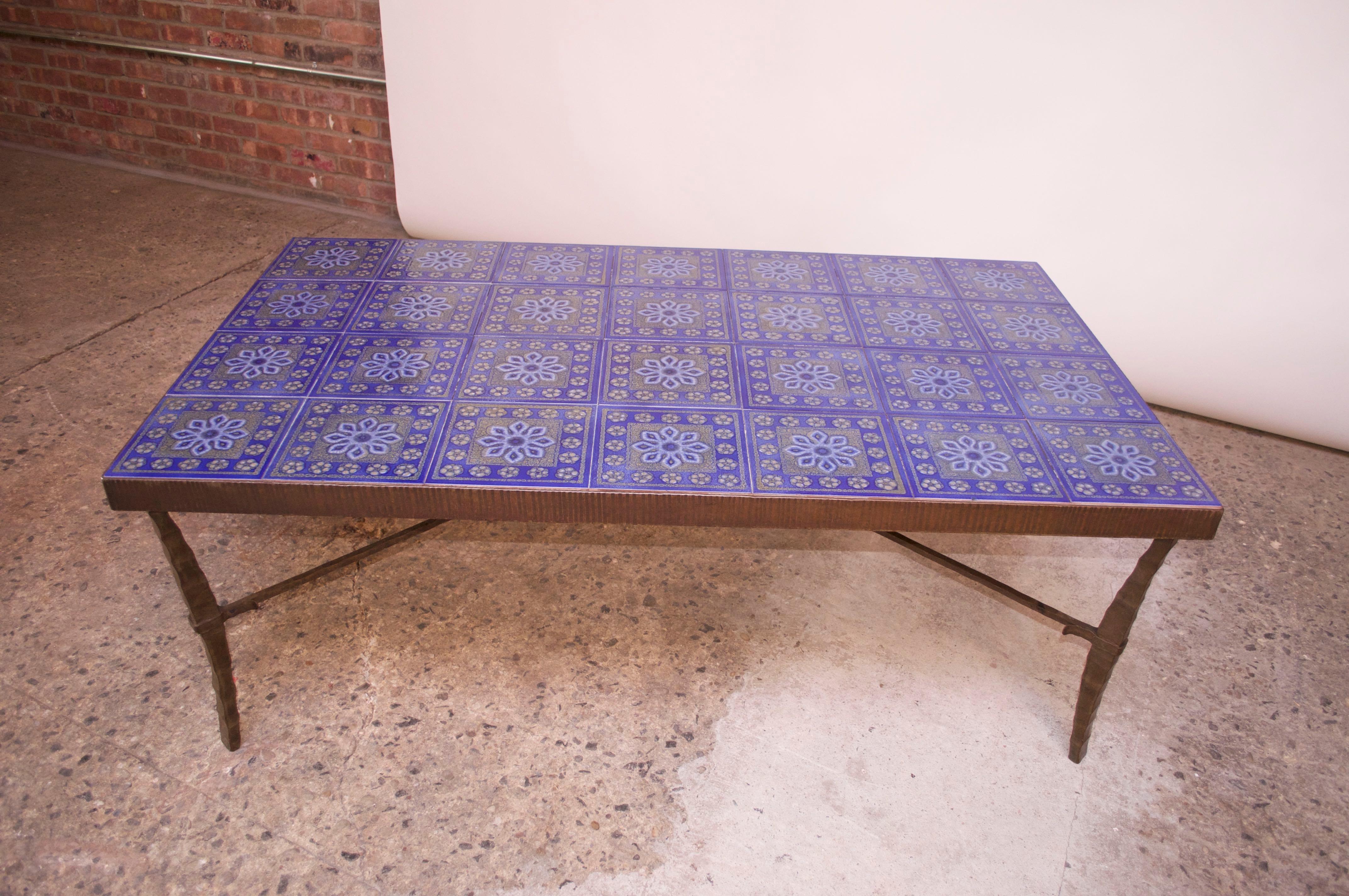 Large Scandinavian Modern Forged Bronze and Ceramic Tile Coffee Table In Good Condition In Brooklyn, NY