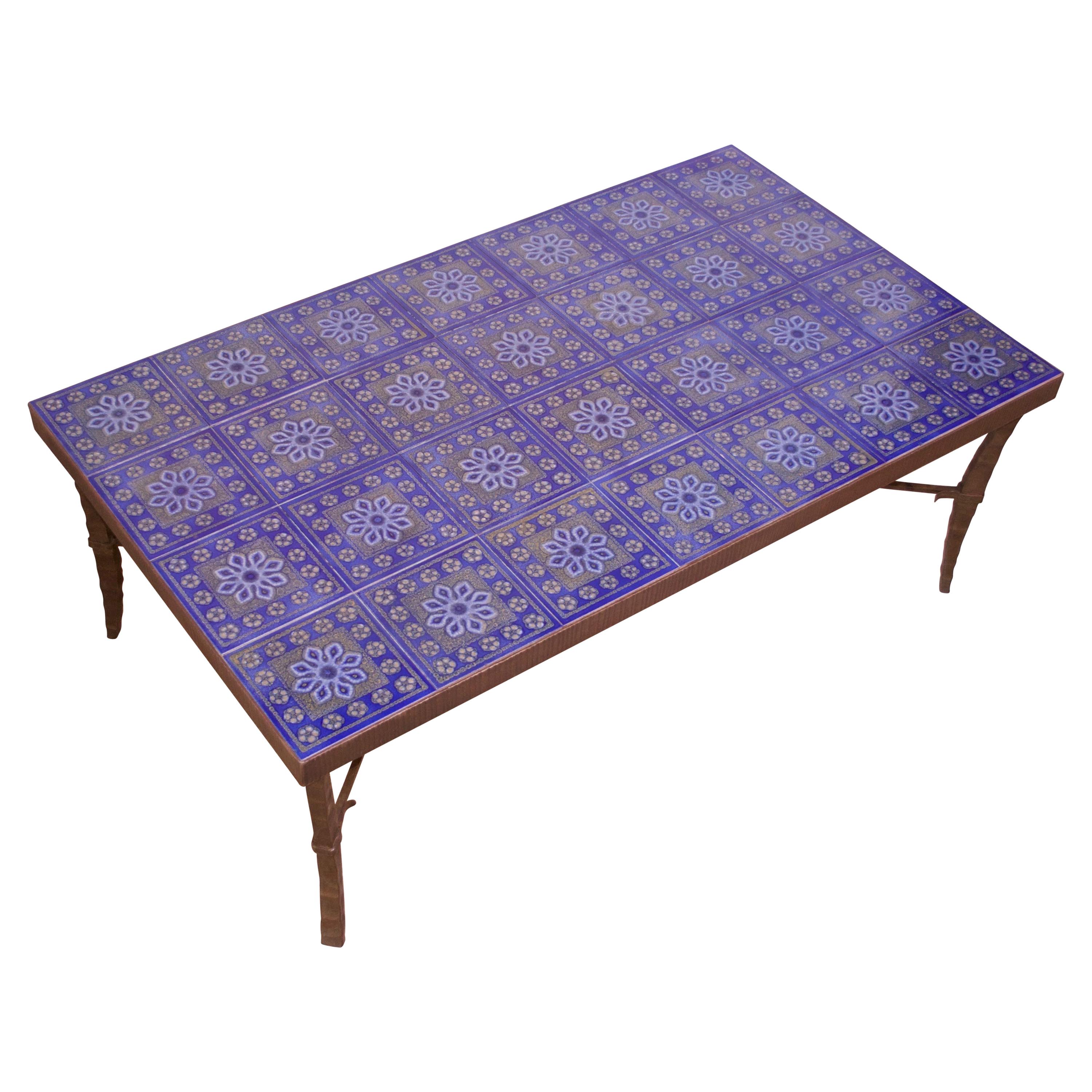 Large Scandinavian Modern Forged Bronze and Ceramic Tile Coffee Table