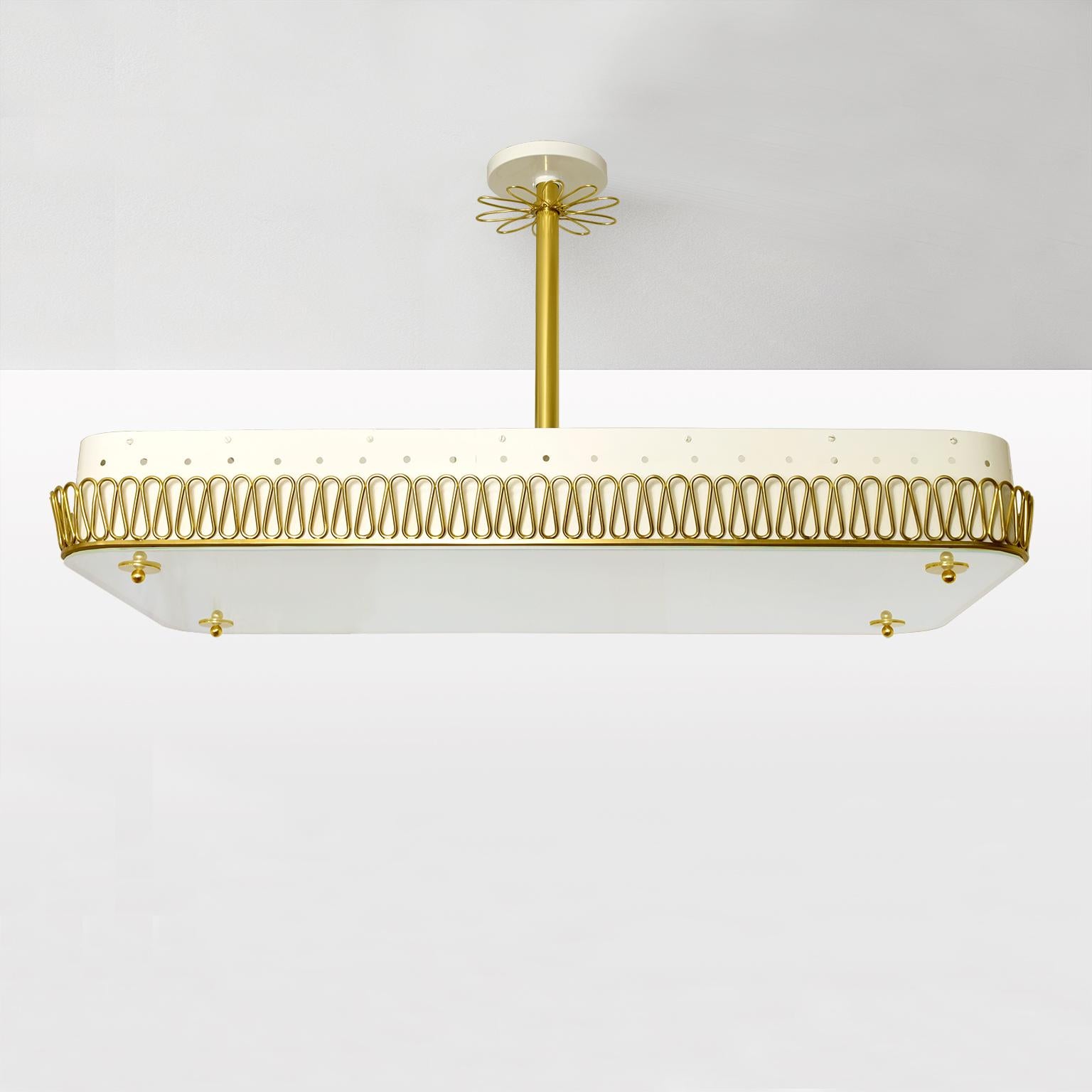 Large Scandinavian Modern Pendant with Brass Filigree Glass plate shade 8 socket In Excellent Condition In New York, NY