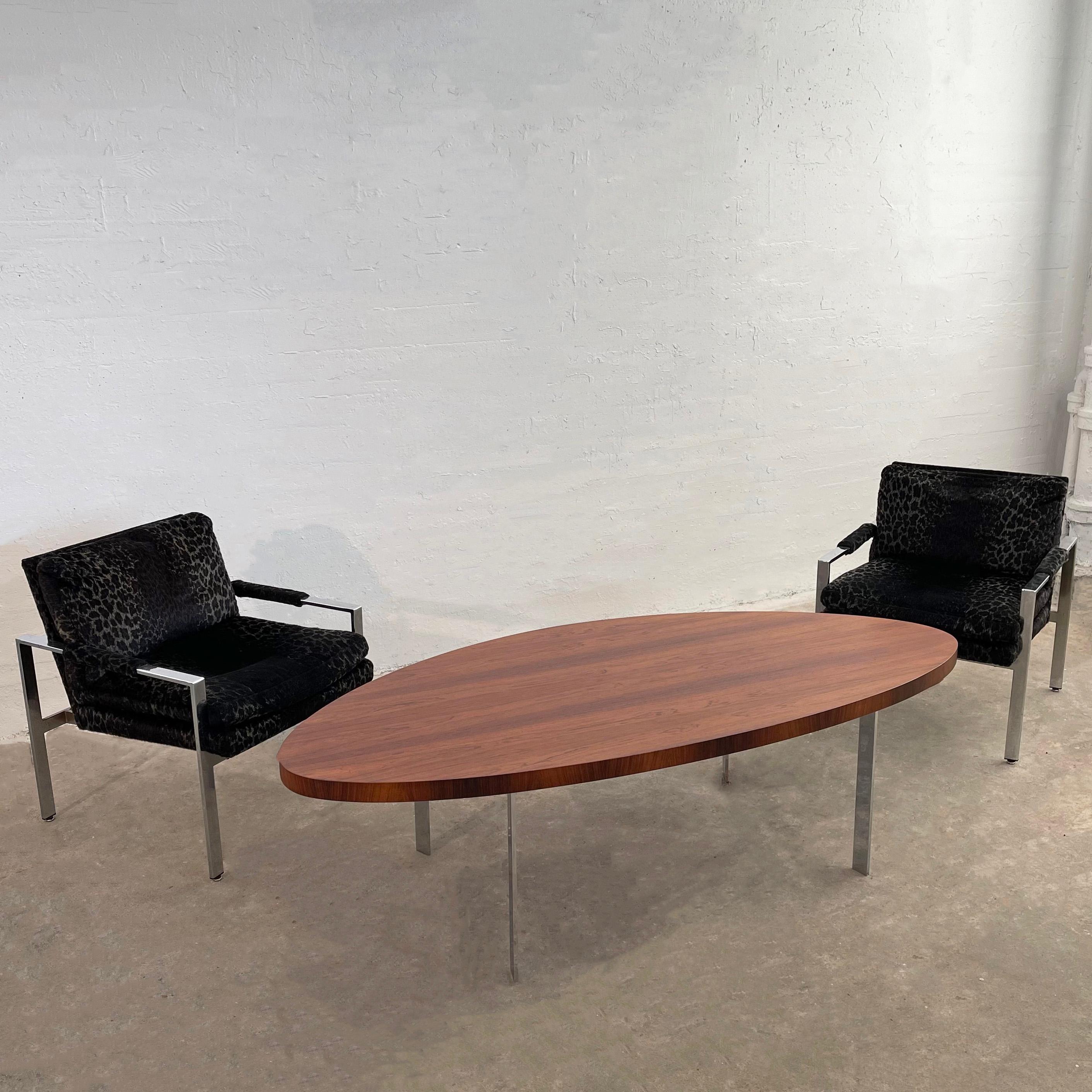 Large Scandinavian Modern Rosewood And Chrome Oval Coffee Table In Good Condition For Sale In Brooklyn, NY