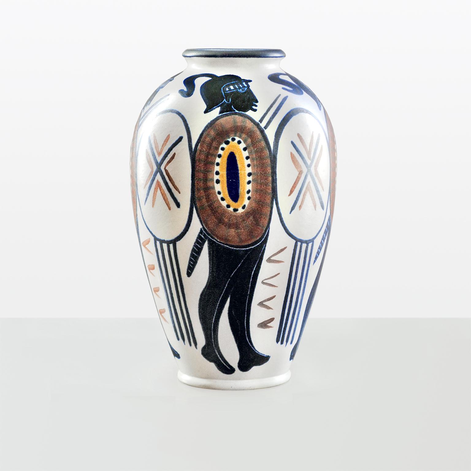 Large Scandinavian midcentury ceramic vase with hand-painted figures by Mette Doller for Andersson and Johansson, Hoganas, Sweden.

Measures: Height 16