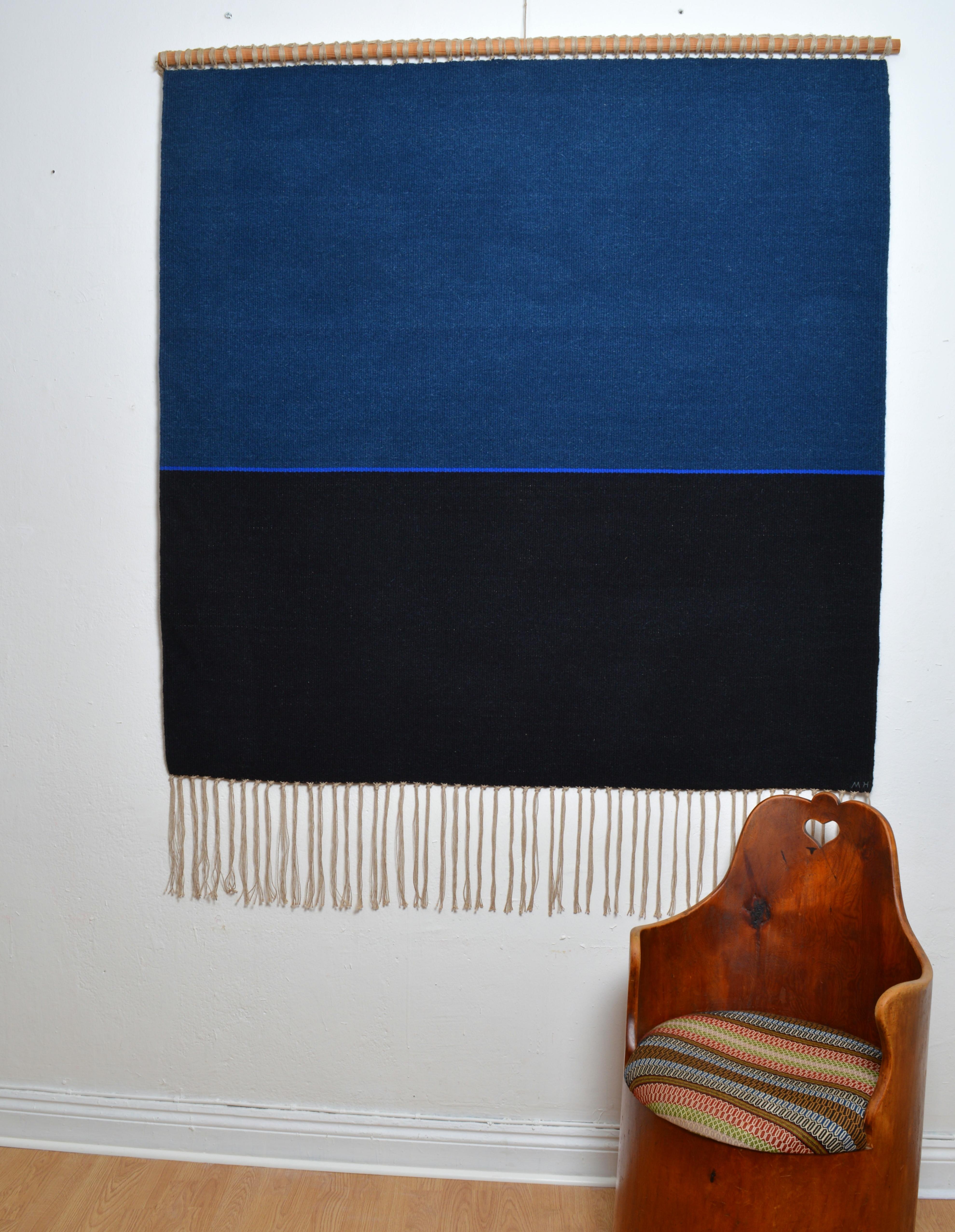 Beautiful flat-weave tapestry by Swedish artist Maria Hillfon, handwoven with wool on linen. Two shades of blue and. Maria Hillfon has embodied the horizon for over forty years. This tapestry is in a excellent vintage condition with no fading or
