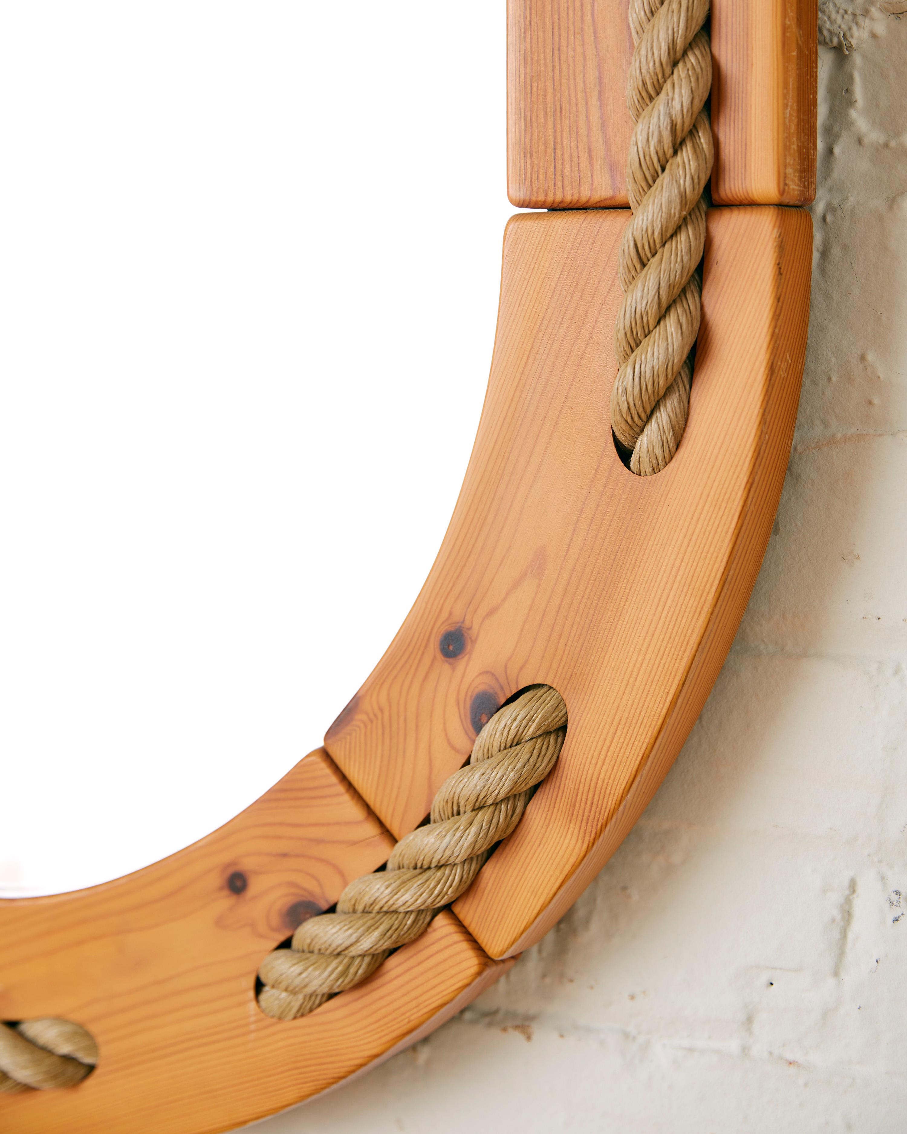 Mid-Century Modern Large Scandinavian Nautical Pine and Rope Mirror For Sale