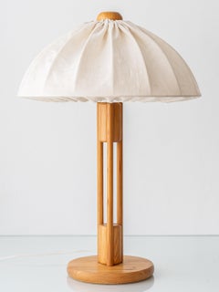 Large Scandinavian Pine Table Lamp with Fabric Dome Shade, 1960s-1970s