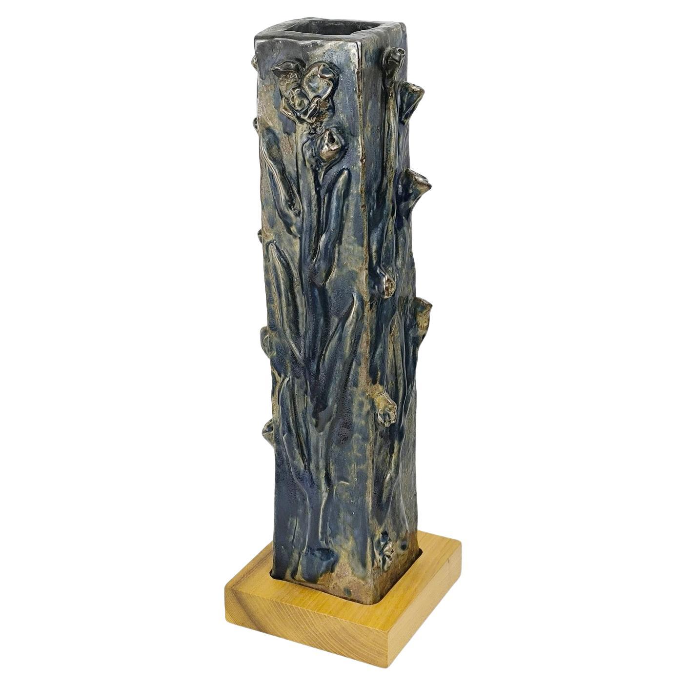 Large Scandinavian Stoneware Vase With Relief Buds Decor, Mid-Century Modern
