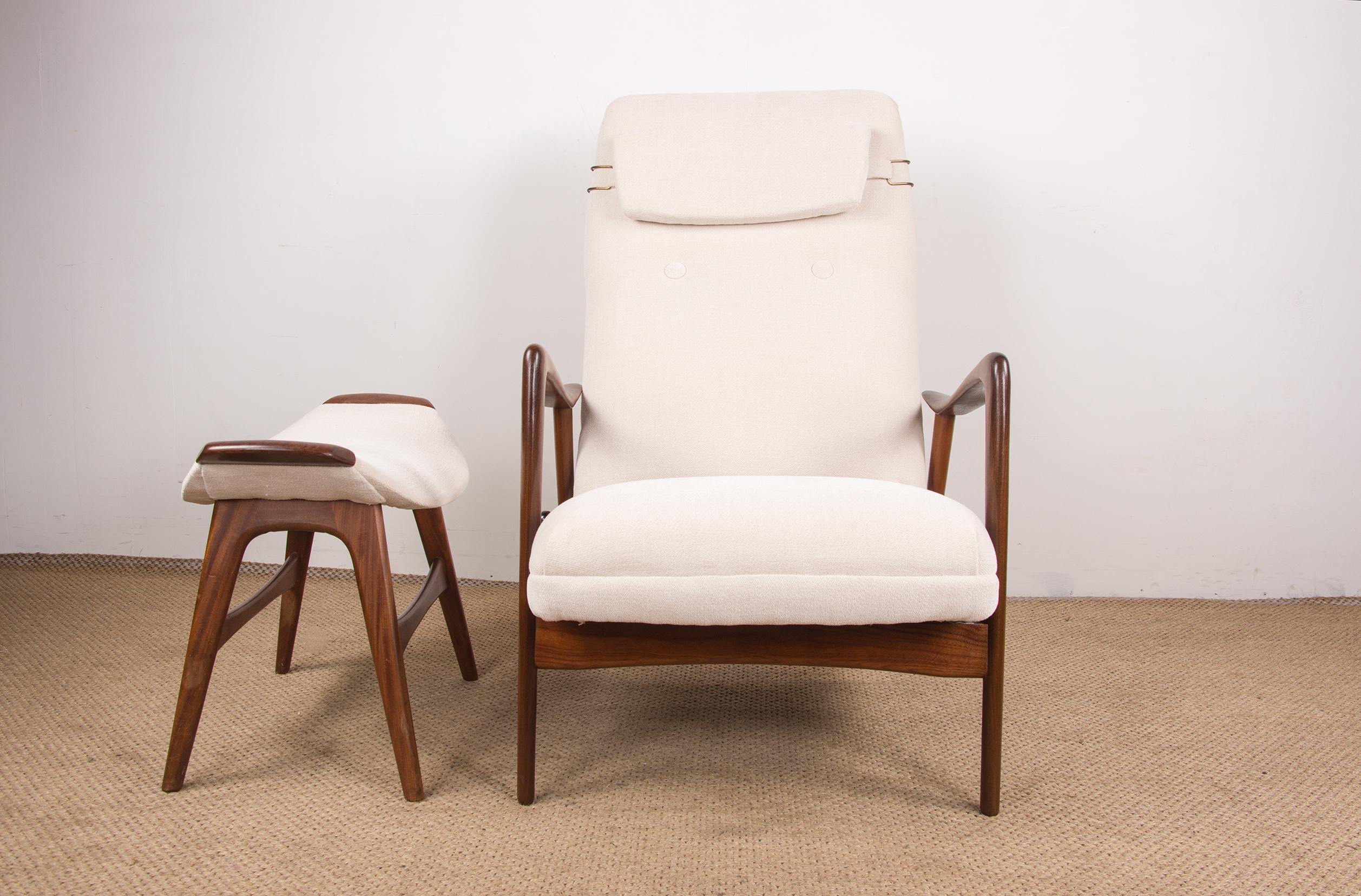 Scandinave moderne Grand fauteuil scandinave en teck avec poufs par Folke Ohlsson pour Westnofa 196 en vente