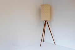 Large Scandinavian Teak Tripod floor lamp with drawn thread embroidery shade.
