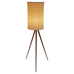 Large Scandinavian Teak Tripod floor lamp with drawn thread embroidery shade.