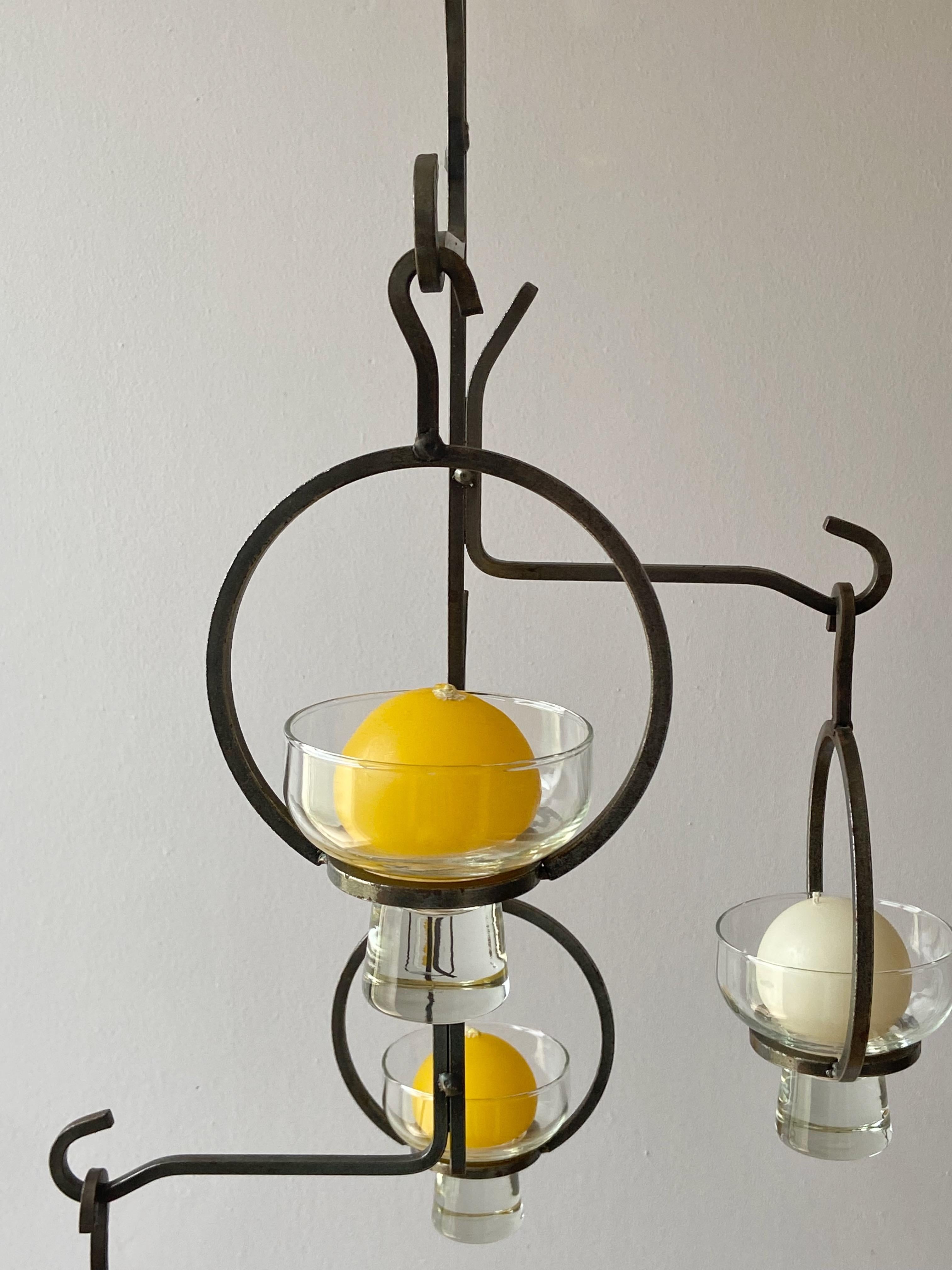 Large Scandinavien Wrought Iron Chandelier for Four Lights 1960's Metal Glass In Good Condition For Sale In Krefeld, DE