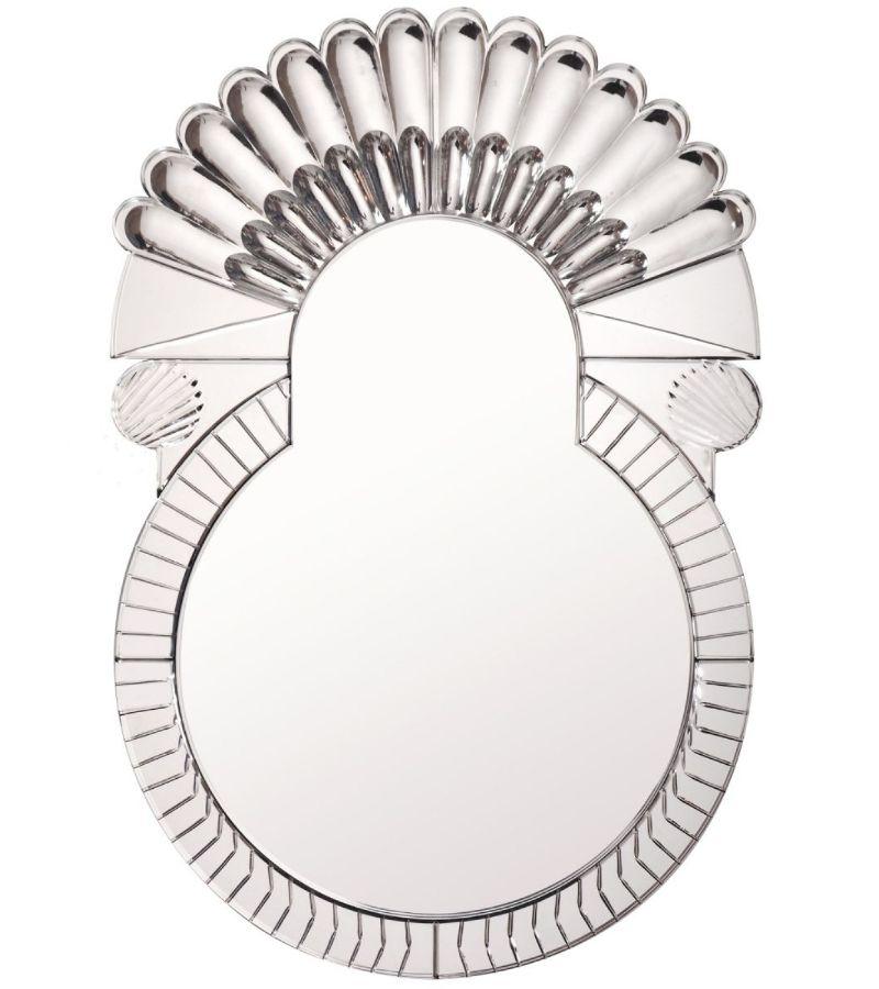 Large Scena Rotonda Murano mirror by Nikolai Kotlarczyk
Dimensions: 
Wall Version: D 3 x W 60 x H 90 cm 
Table Version: D 3 x W 60 x H 90 cm 
Materials: Silvered carved glass, wood, golden carved polished steel. Nembro marble base.
Also