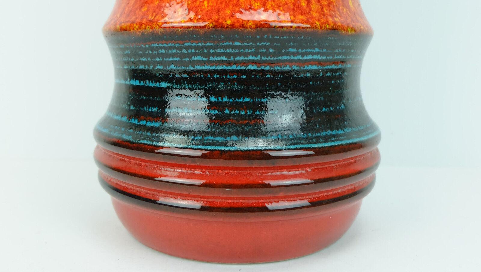 Ceramic large scheurich ceramic floorvase model 427-47 stripe pattern red orange black For Sale