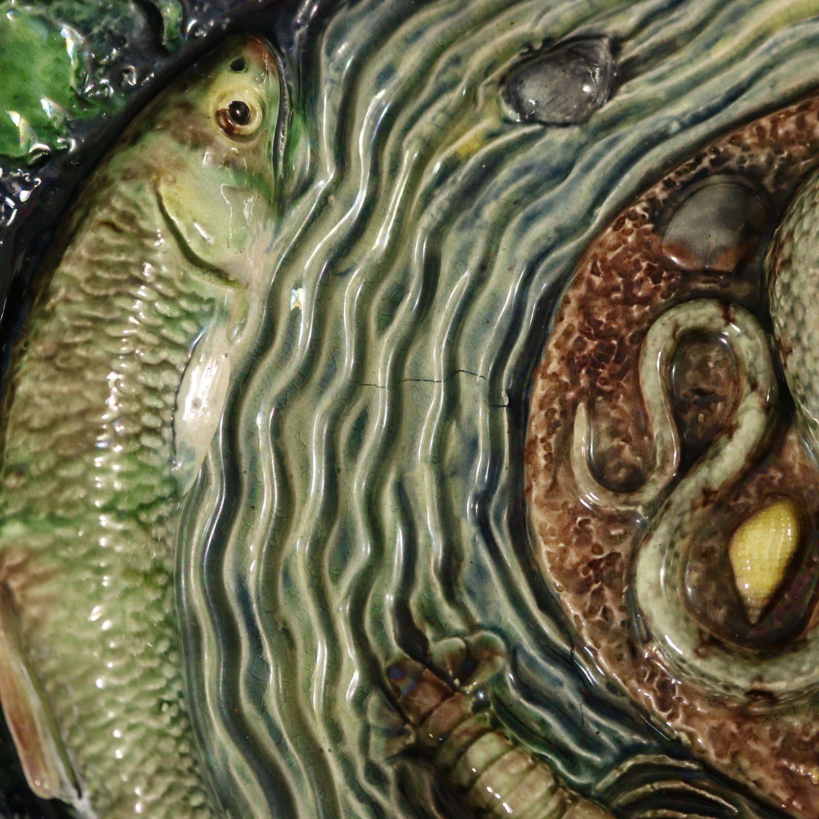 Large School of Paris Palissy Majolica Wall Platter With Snake And Fish For Sale 12