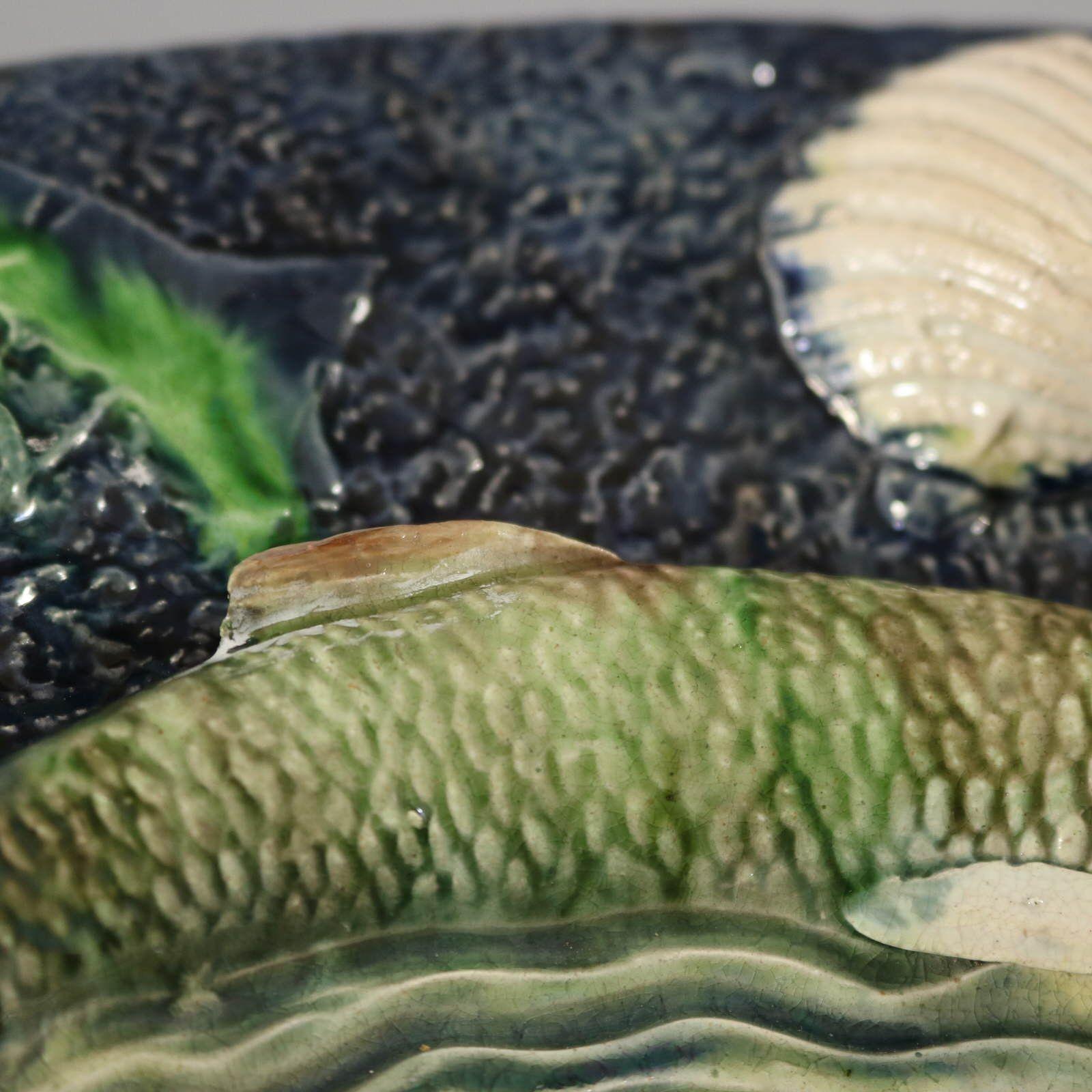 Large School of Paris Palissy Majolica Wall Platter With Snake And Fish For Sale 14