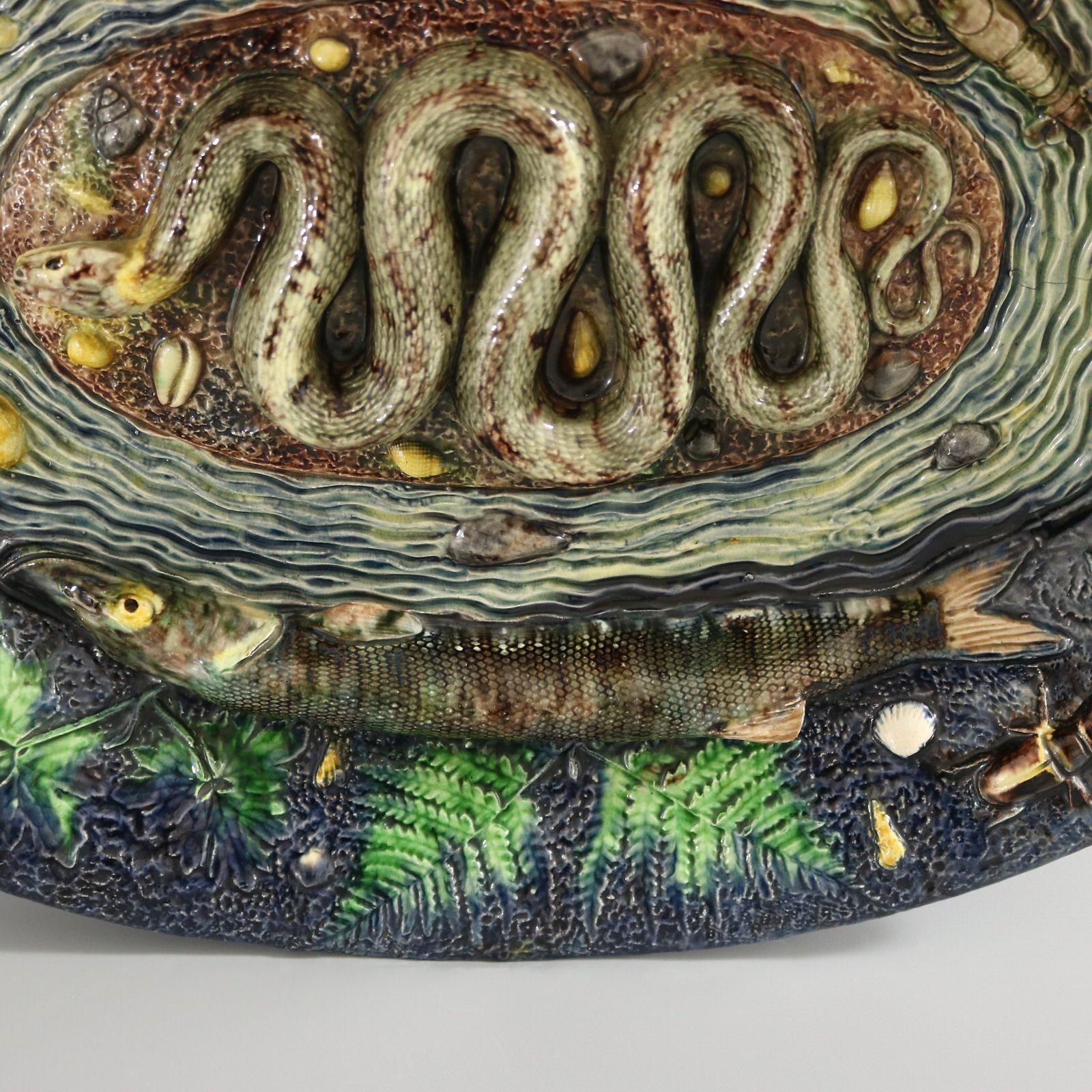 Late 19th Century Large School of Paris Palissy Majolica Wall Platter With Snake And Fish For Sale