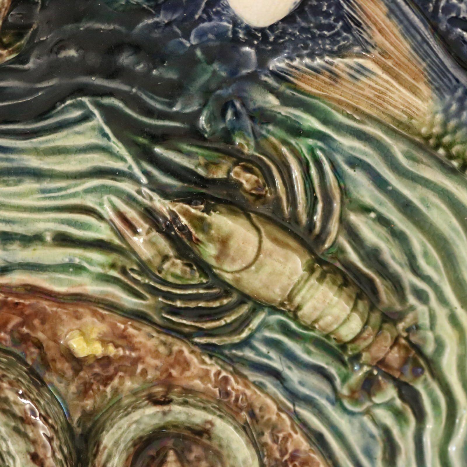 Large School of Paris Palissy Majolica Wall Platter With Snake And Fish For Sale 2
