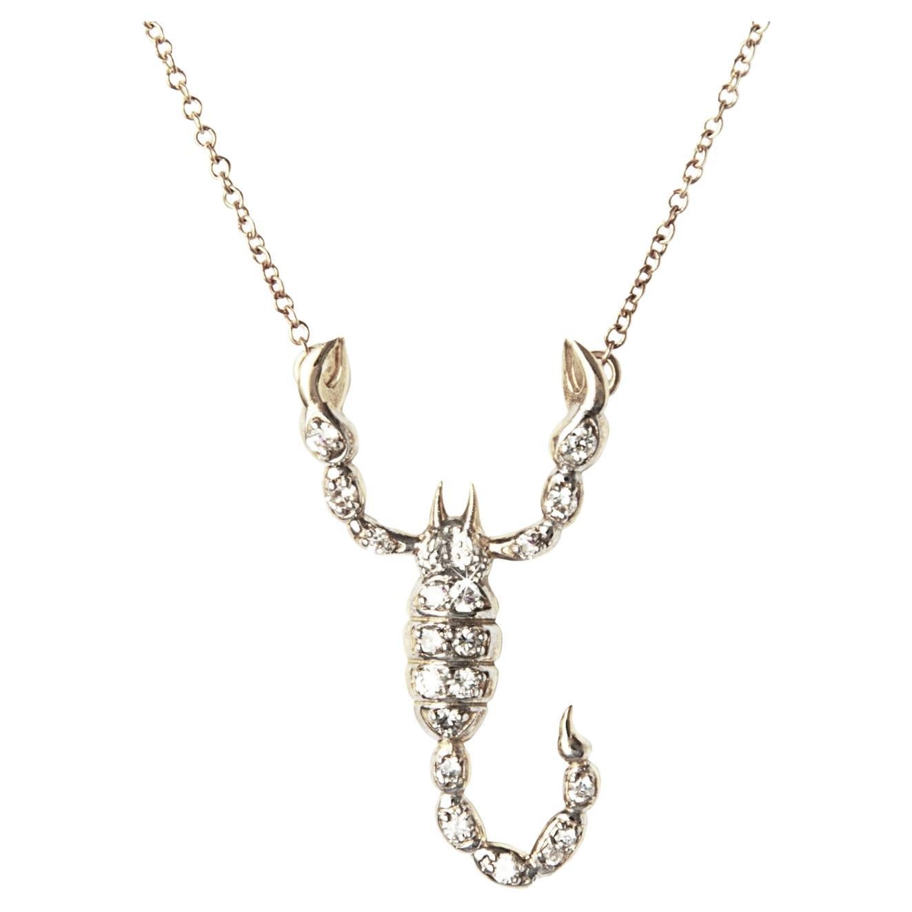 JHERWITT Diamond 14k Yellow Gold White Rhodium Large Scorpion Pendant Necklace For Sale