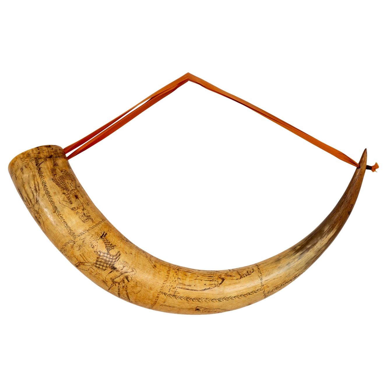 Large Scrimshawed Powder Horn at 1stDibs