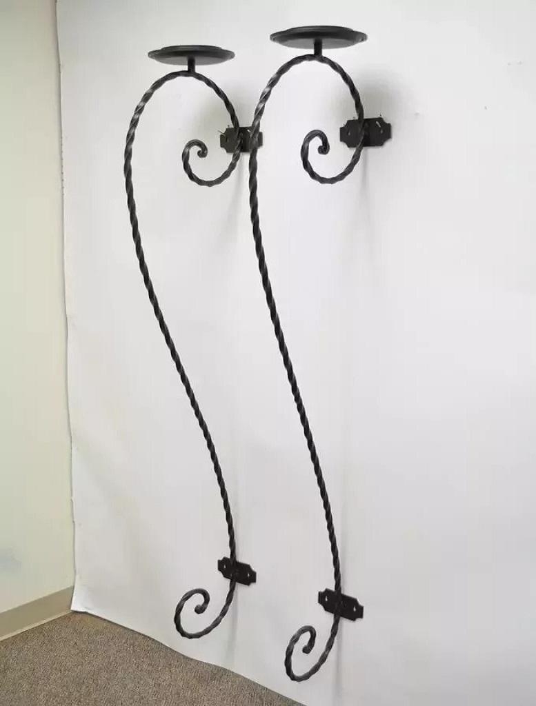 Large Scrolling Twisted Wrought Iron Candle Holder Wall Mounted Sconces - a Pair For Sale 5