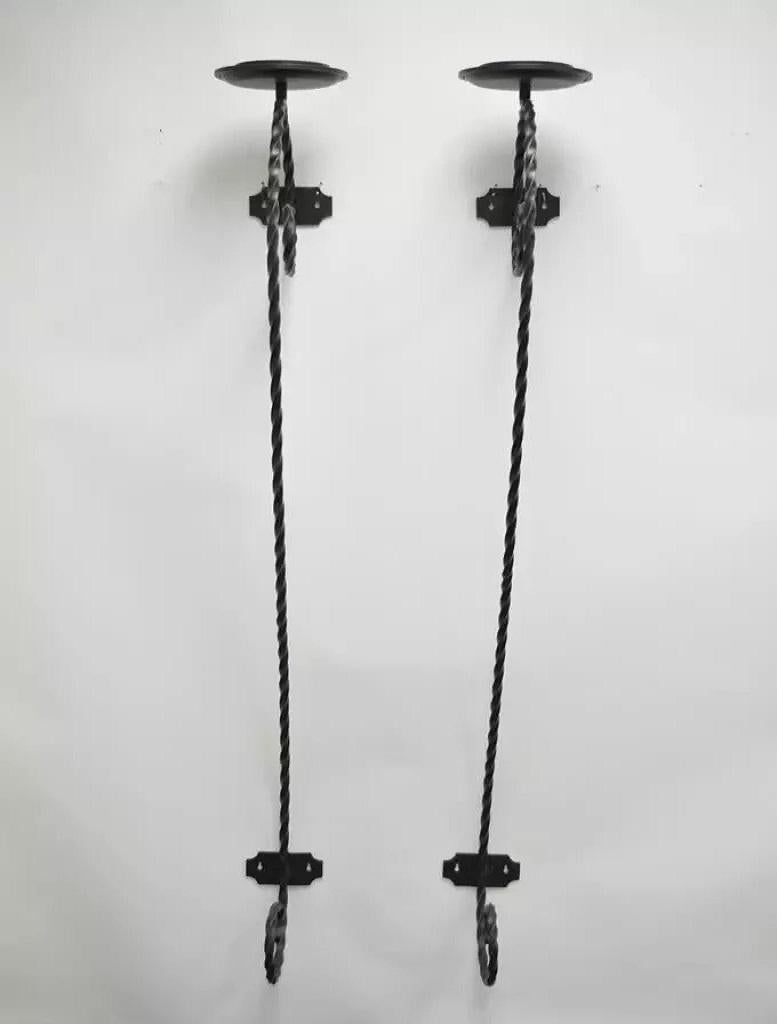Arts and Crafts Large Scrolling Twisted Wrought Iron Candle Holder Wall Mounted Sconces - a Pair For Sale