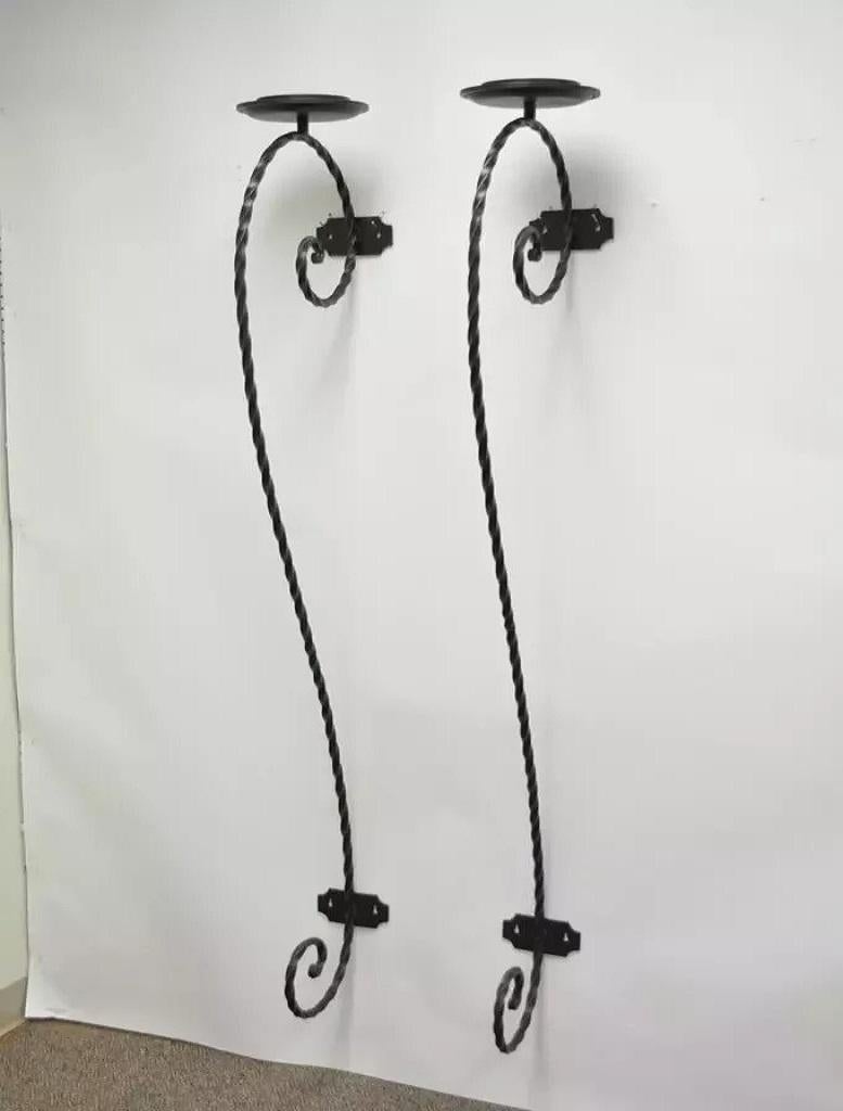 Unknown Large Scrolling Twisted Wrought Iron Candle Holder Wall Mounted Sconces - a Pair For Sale