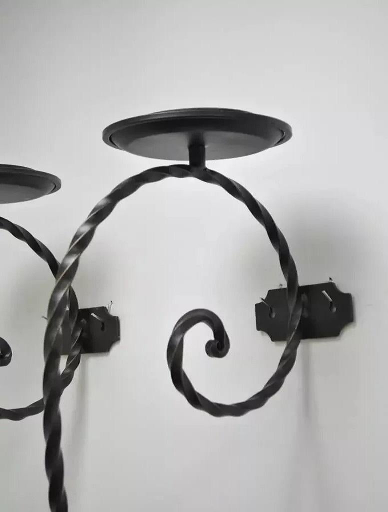 Large Scrolling Twisted Wrought Iron Candle Holder Wall Mounted Sconces - a Pair In Good Condition For Sale In Philadelphia, PA