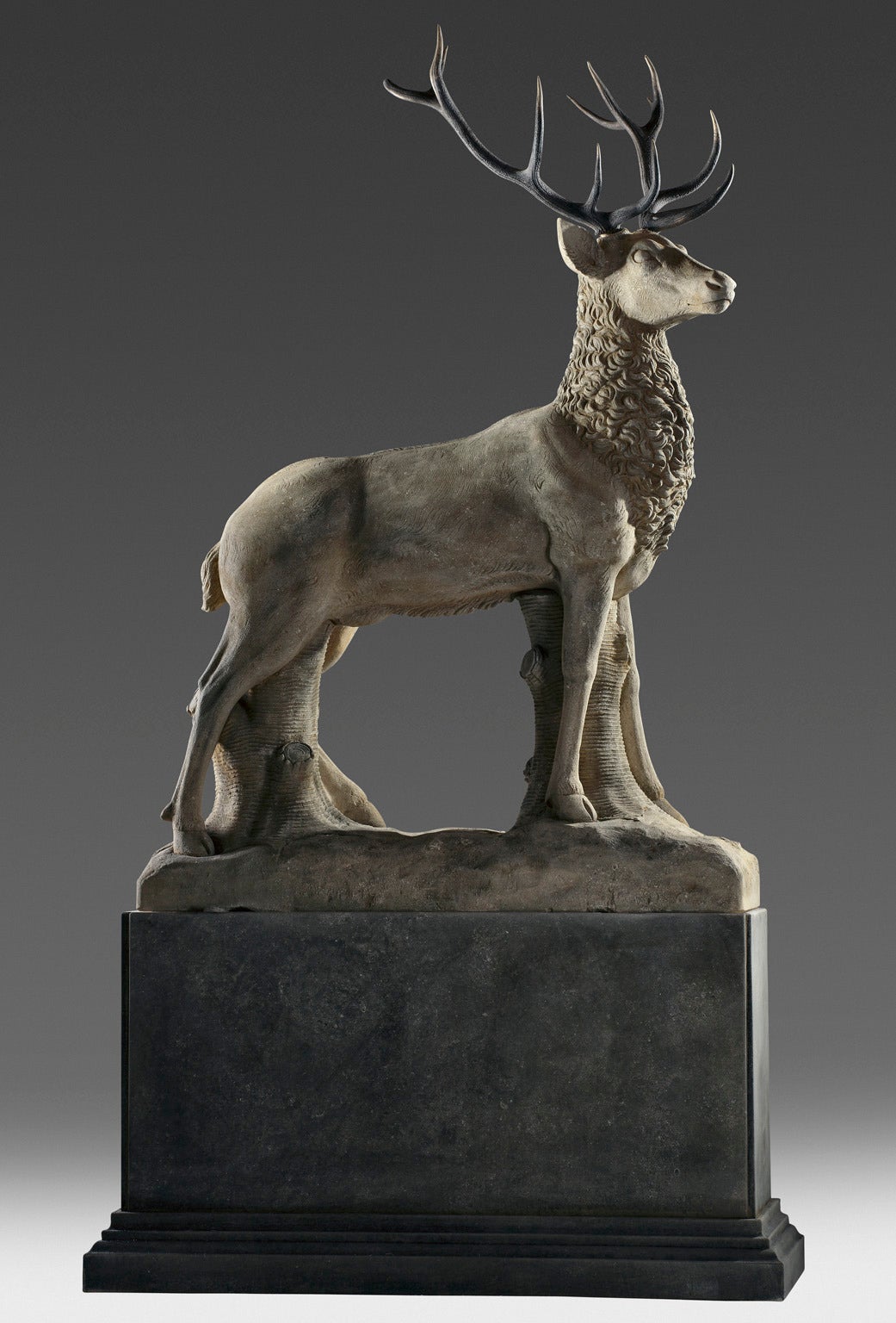 Carved Large Sculpted Limestone and Antler Mounted Model of a Stag / Reindeer