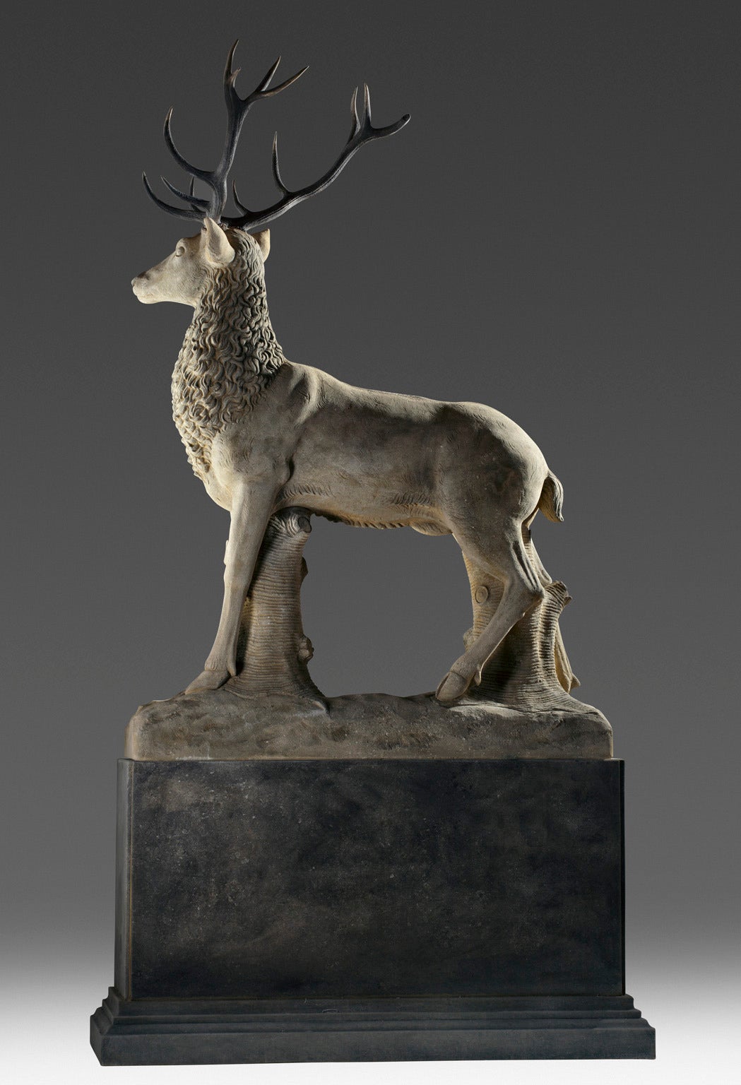 Large Sculpted Limestone and Antler Mounted Model of a Stag / Reindeer In Good Condition In Baambrugge, NL
